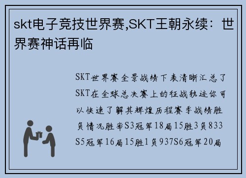 skt电子竞技世界赛,SKT王朝永续：世界赛神话再临