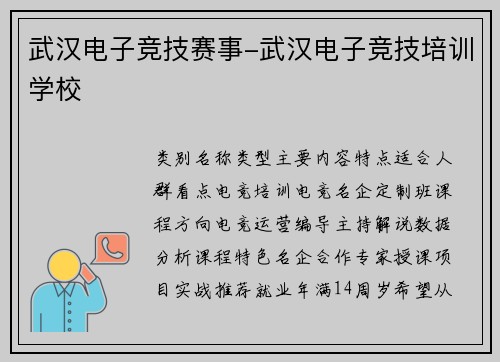 武汉电子竞技赛事-武汉电子竞技培训学校