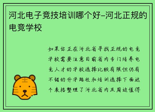 河北电子竞技培训哪个好-河北正规的电竞学校